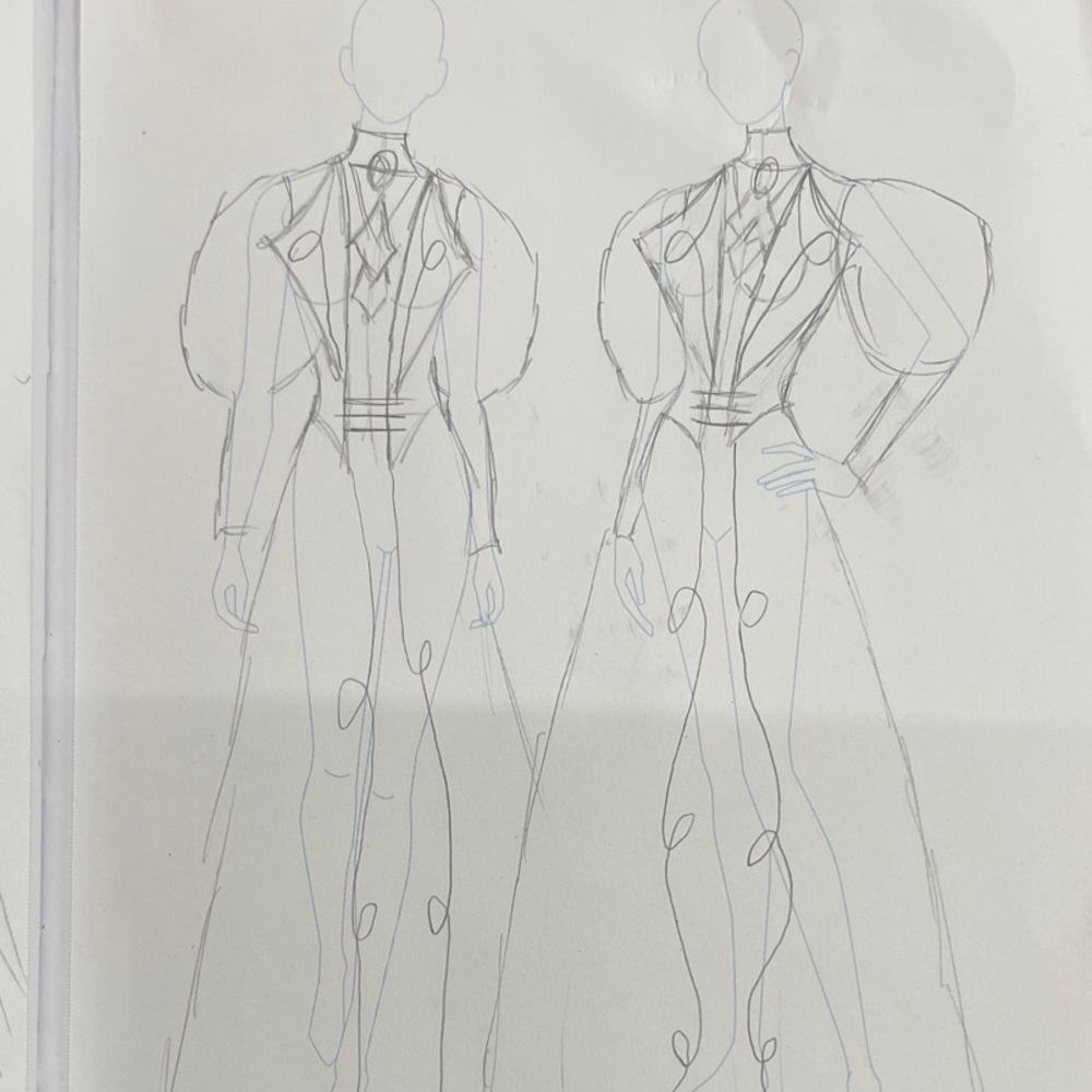 Elegant Fashion Sketch with Puff Sleeves.  1900’s Fashion Design.